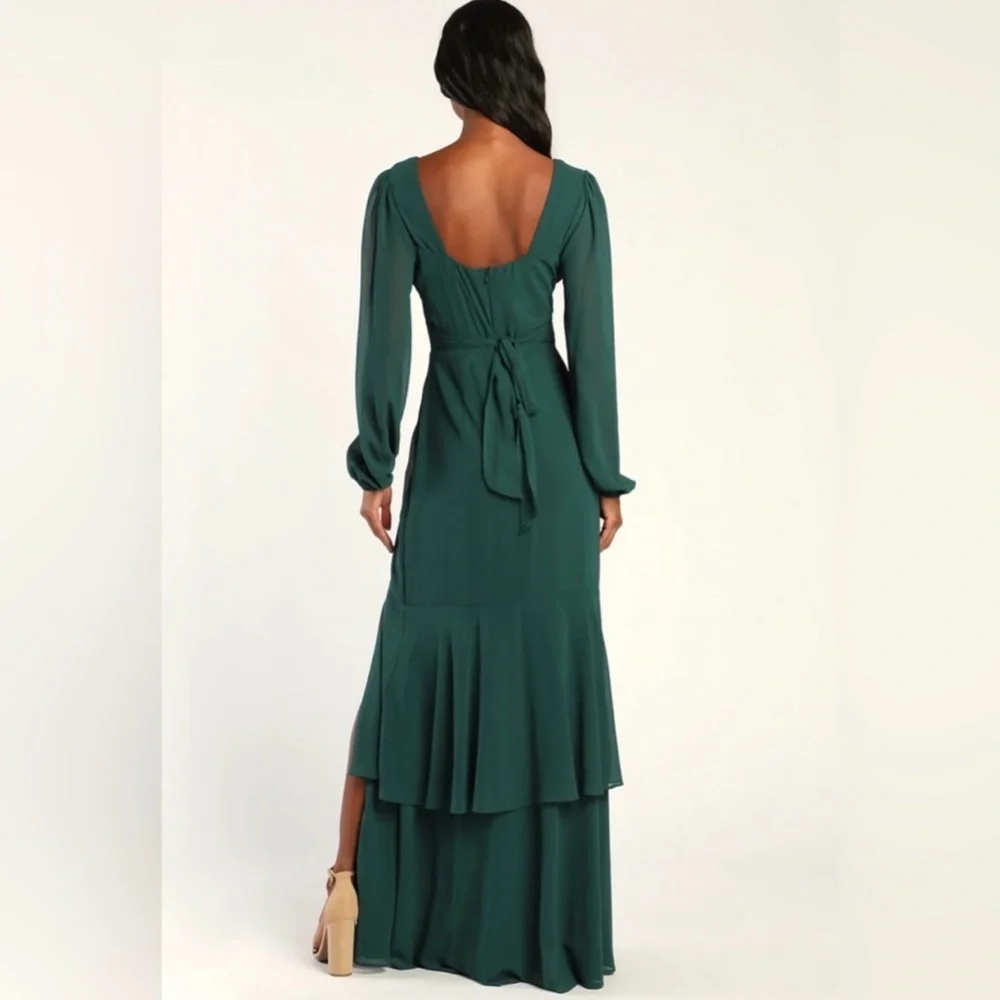 Lulus Tier Elegance NWT size Large Hunter Green Long Sleeve Tiered Maxi Dress - Picture 2 of 14